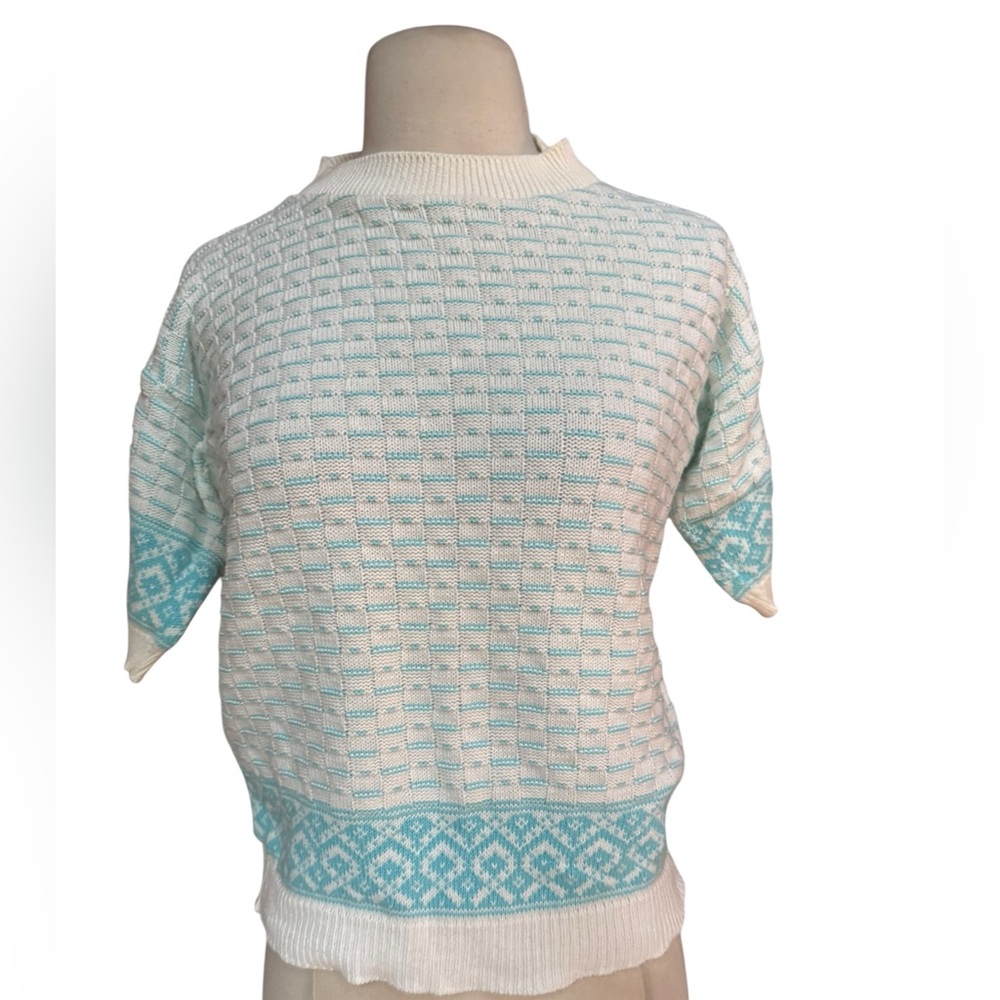 1960s Striped & Geometric Pattern Cotton Blend Short Sleeve Mock‎ Turtleneck Swe